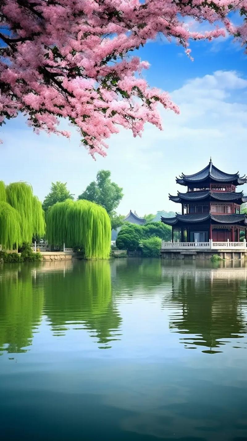 美景如画，湖边的樱花和柳枝，诗情画意